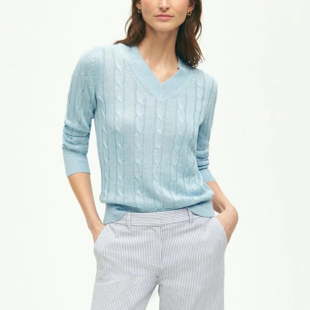Brooks Brothers Light Blue V-Neck Italian Linen Cable Knit Sweater Size Large